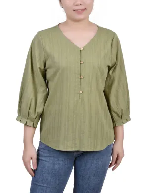 3/4 Sleeve Button Placket Jacquard Blouse