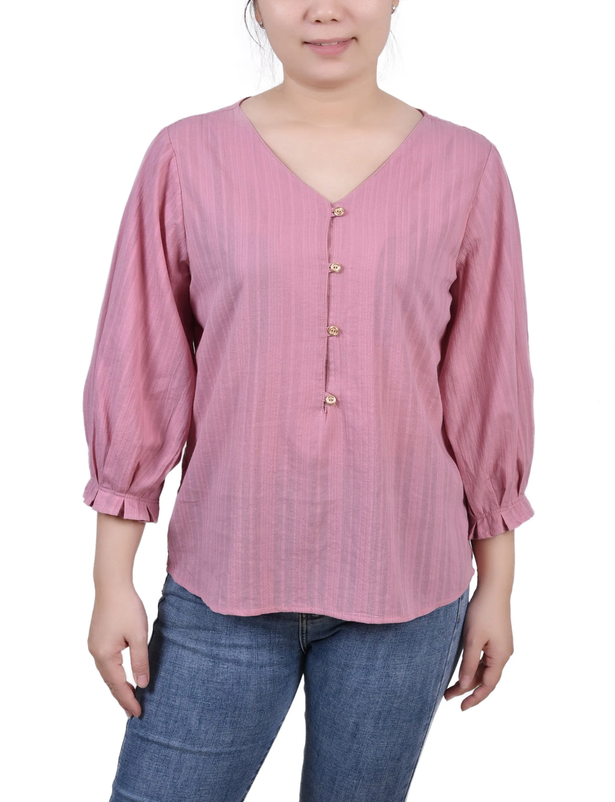 3/4 Sleeve Button Placket Jacquard Blouse
