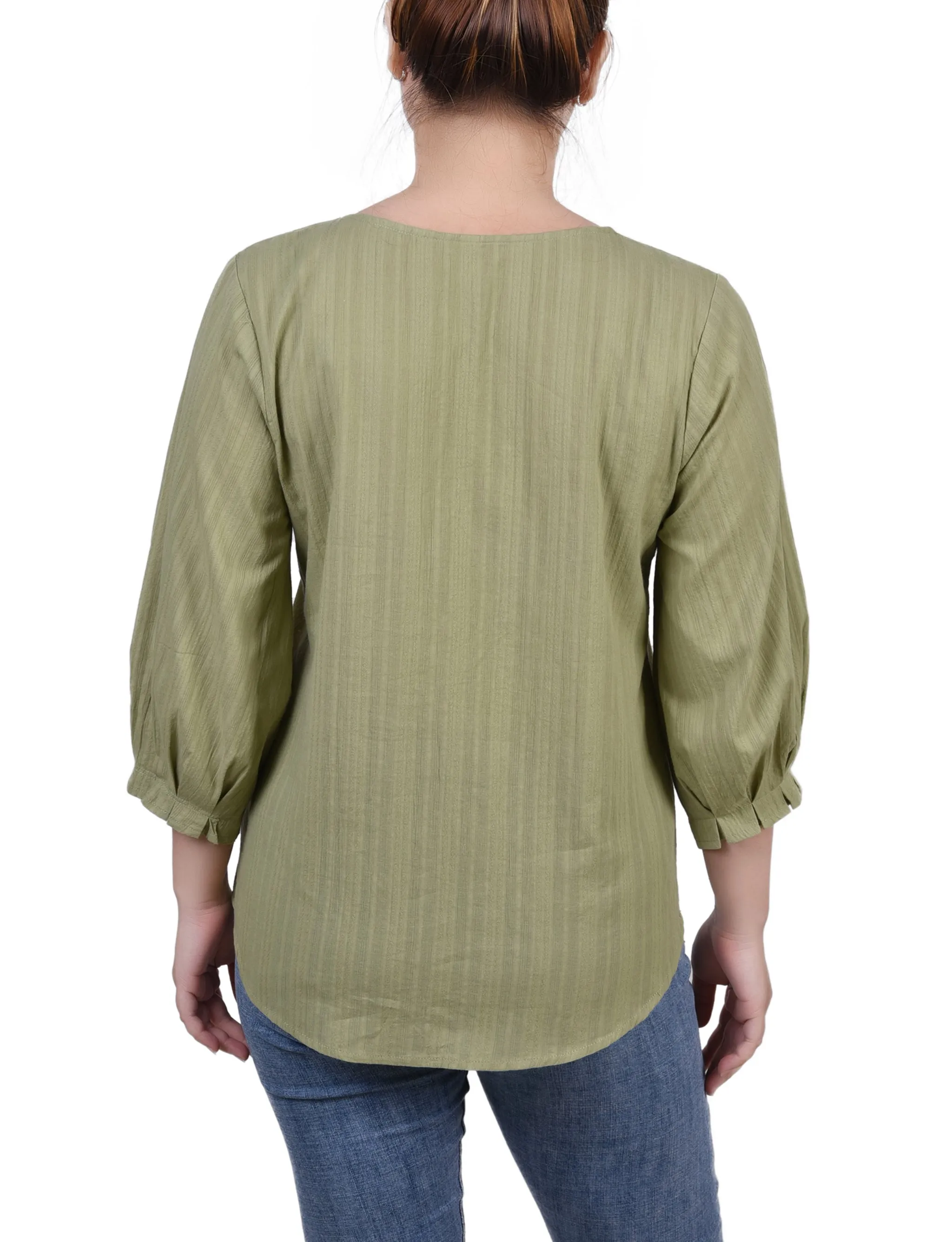 3/4 Sleeve Button Placket Jacquard Blouse