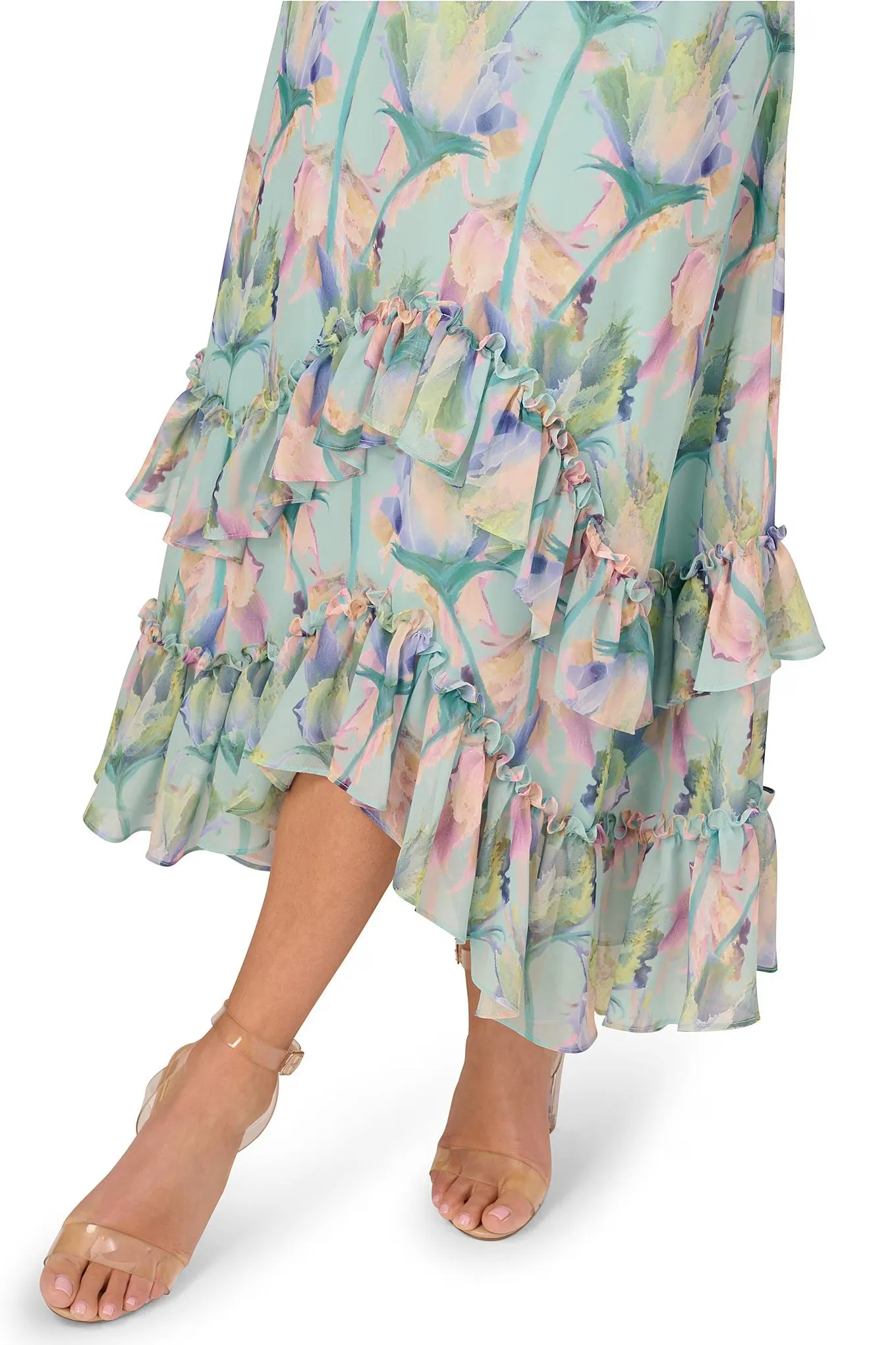 Adrianna Papell Floral Print Chiffon V-Neck Sleeveless Ruffle Trim Midi Dress
