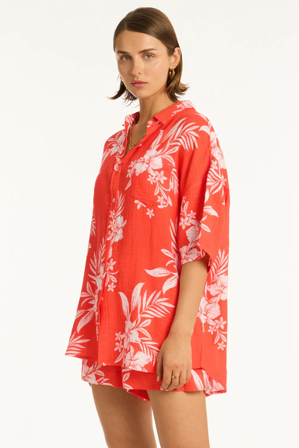 Aloha Cover Up Cotton Shirt in Flame