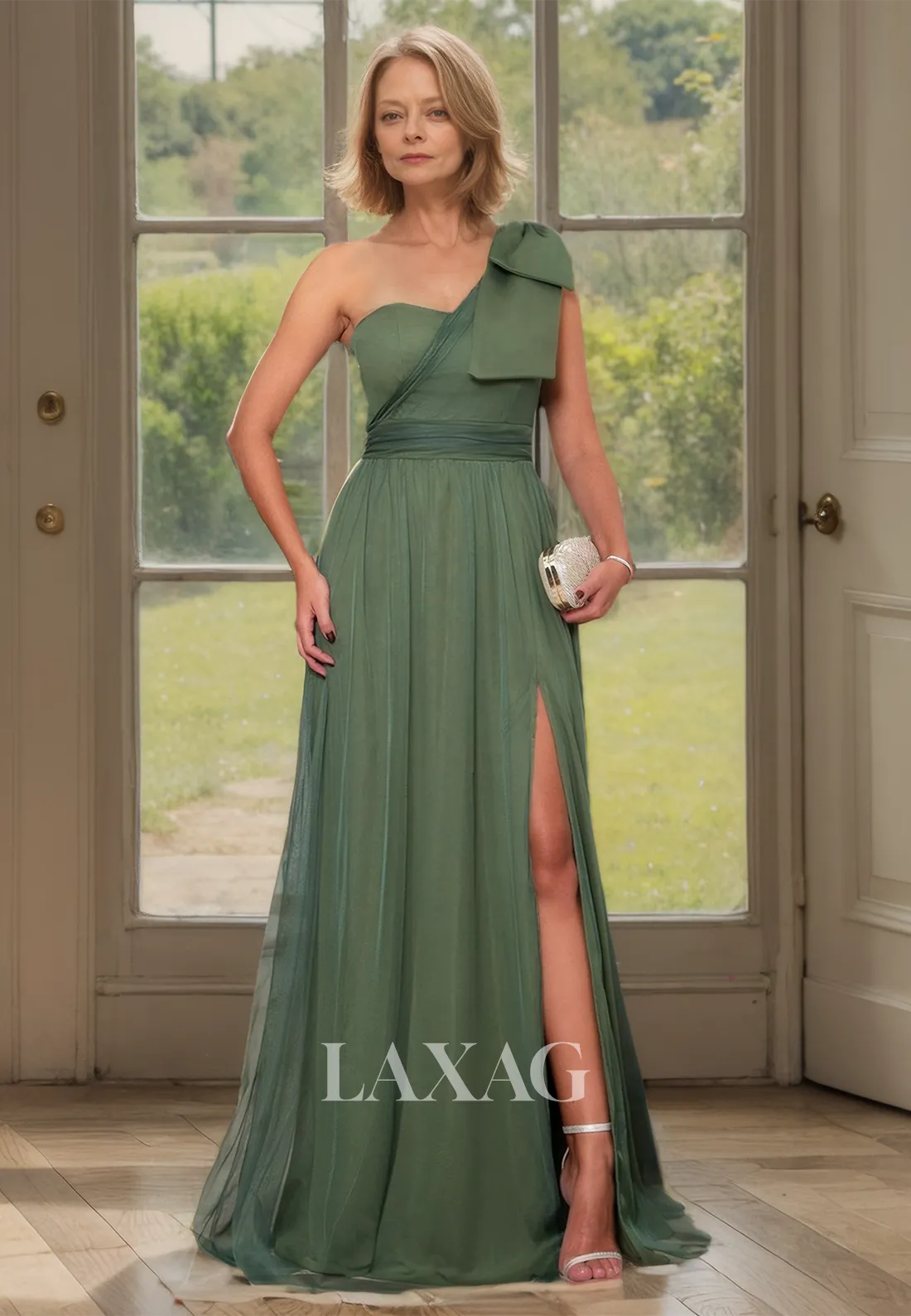 Asymmetrical-Neck Sleeveless A-Line Mother of the Bride Dress Pleatrd Slit with Train Coctail Dress