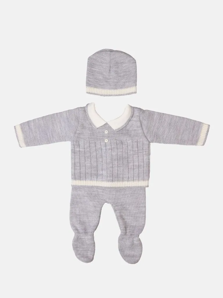 Baby Unisex 3-piece Line textured Knitted Gift Box Set - Grey