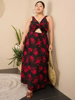 Berrylush Curve Women Black & Red Floral Printed V-Neck Cutout Back Tie-Up Thigh-High Slit Flared A-Line Maxi Dress
