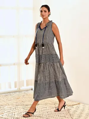 Black & White Striped Print Sleeveless Cotton Long Dress