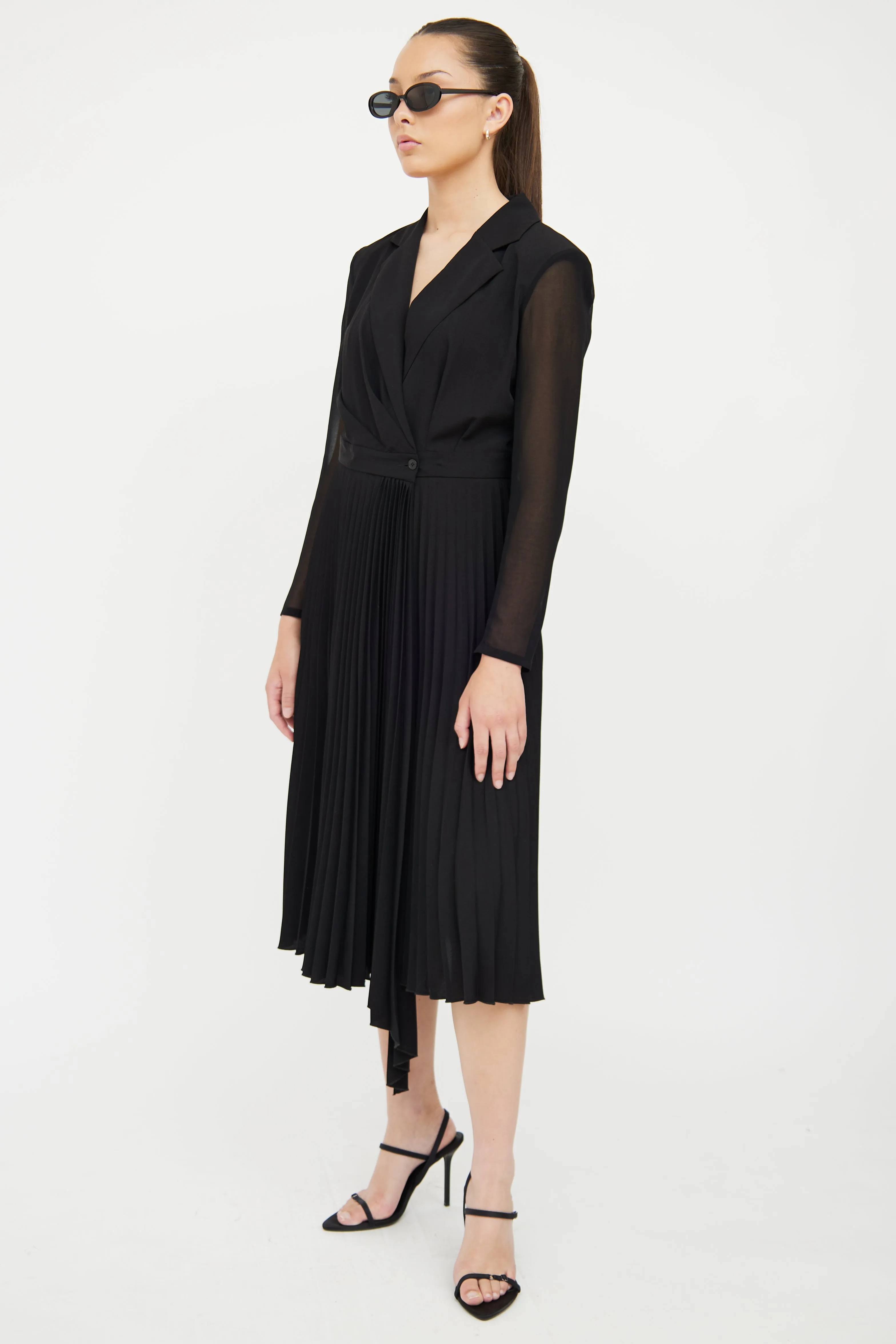 Black Notched Lapel & Pleated Skirt Dress