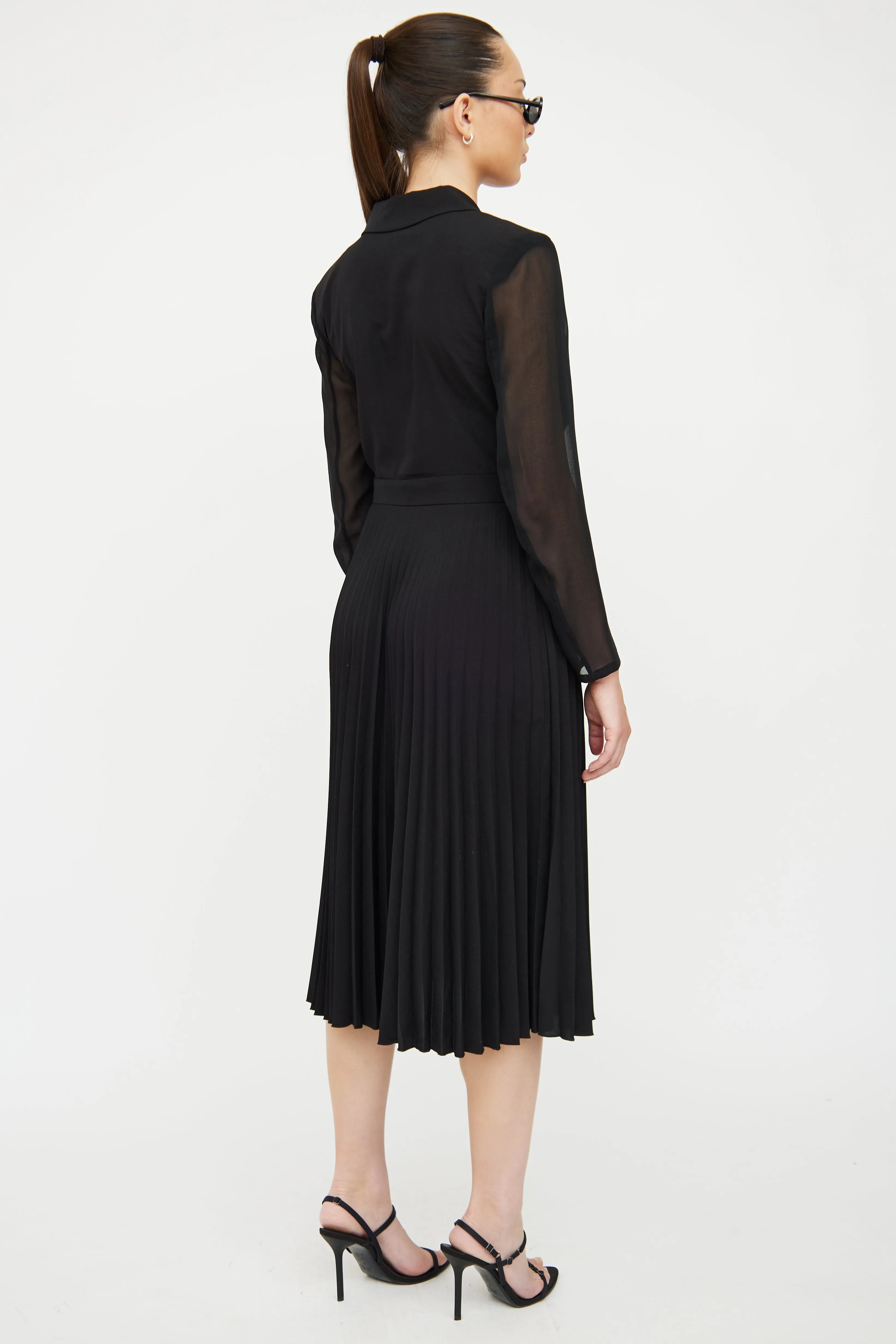 Black Notched Lapel & Pleated Skirt Dress