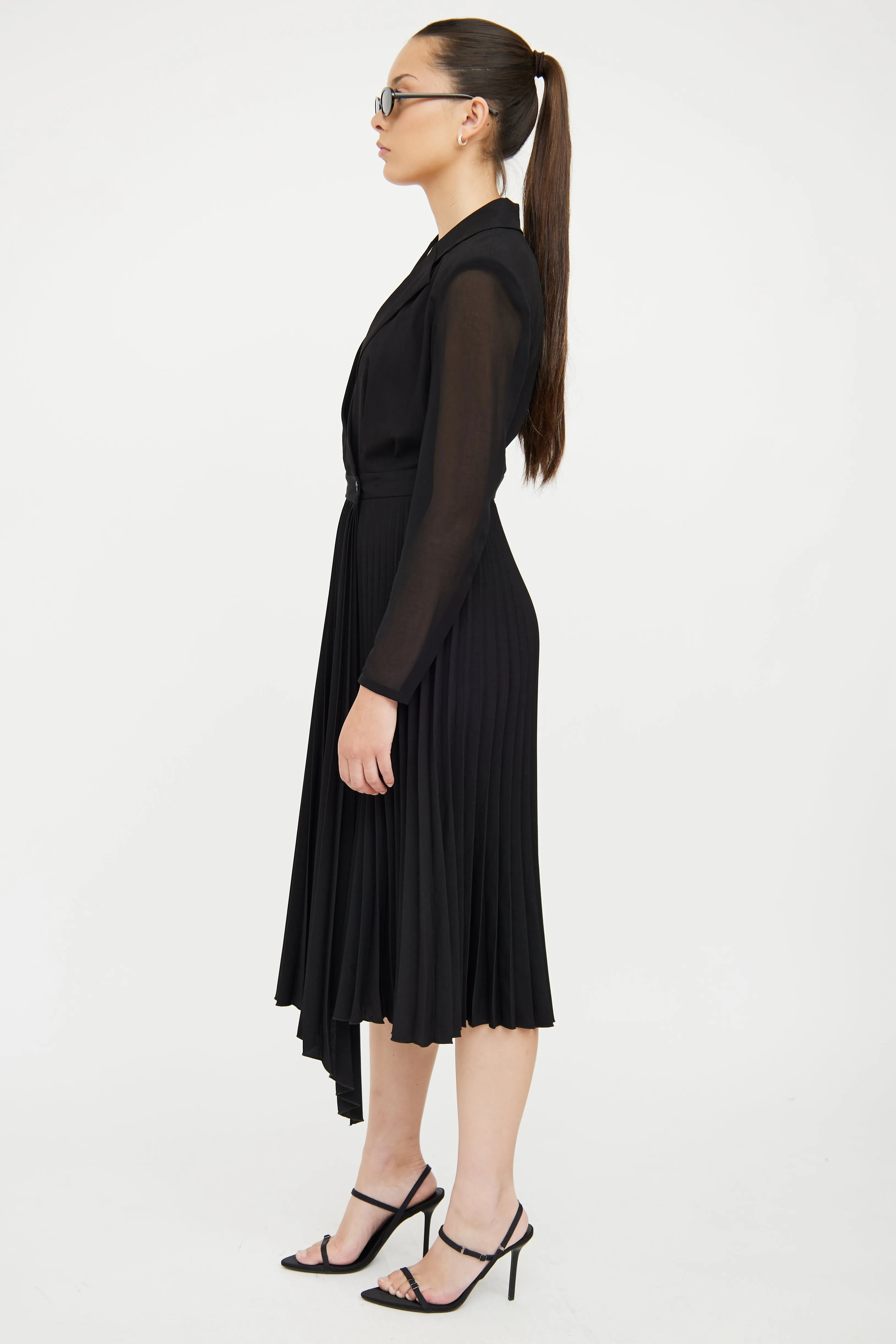 Black Notched Lapel & Pleated Skirt Dress