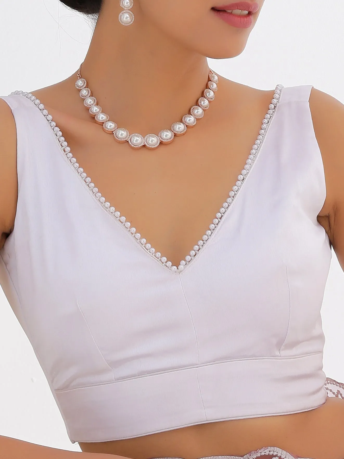 Blouse - White Satin Beaded V-neck Blouse