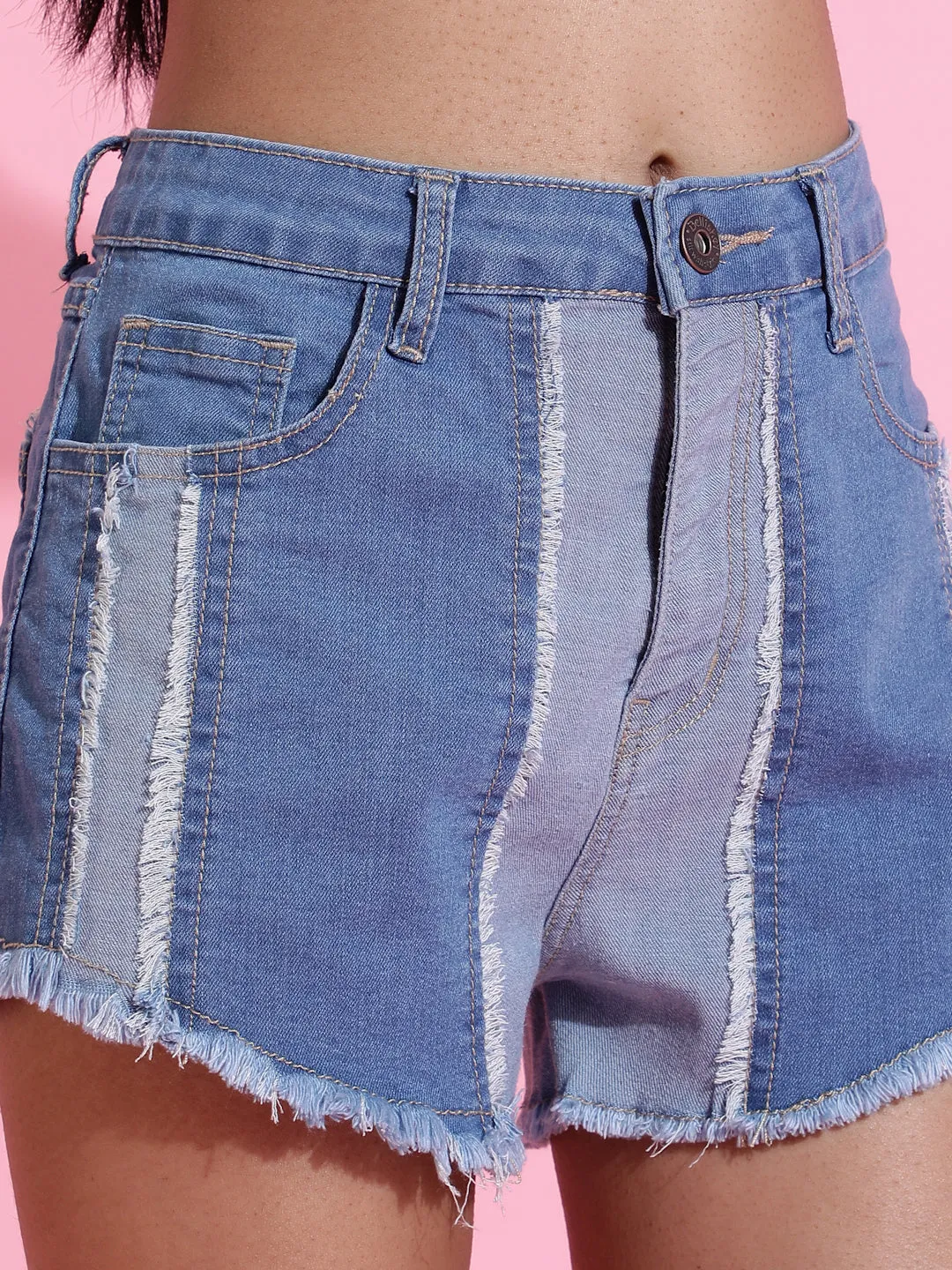 Blue Embellished Patch Denim Shorts