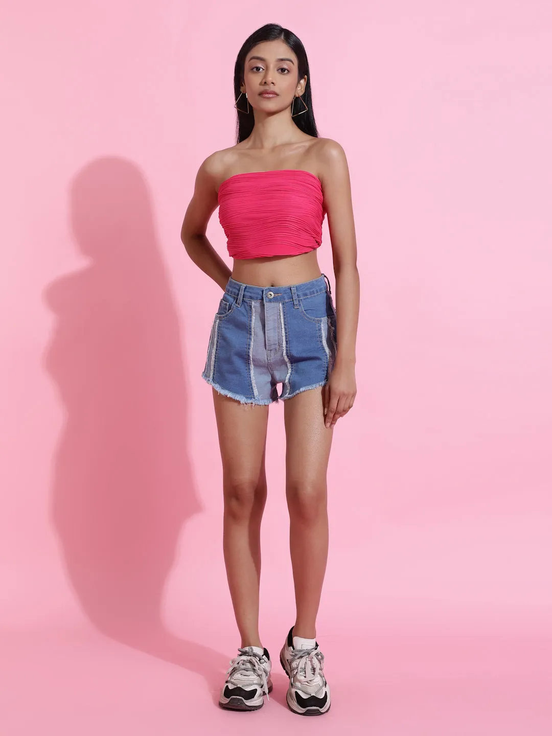 Blue Embellished Patch Denim Shorts