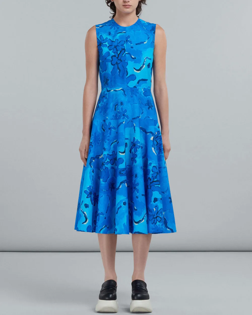 Blue Floral Sleeveless A-Line Dress