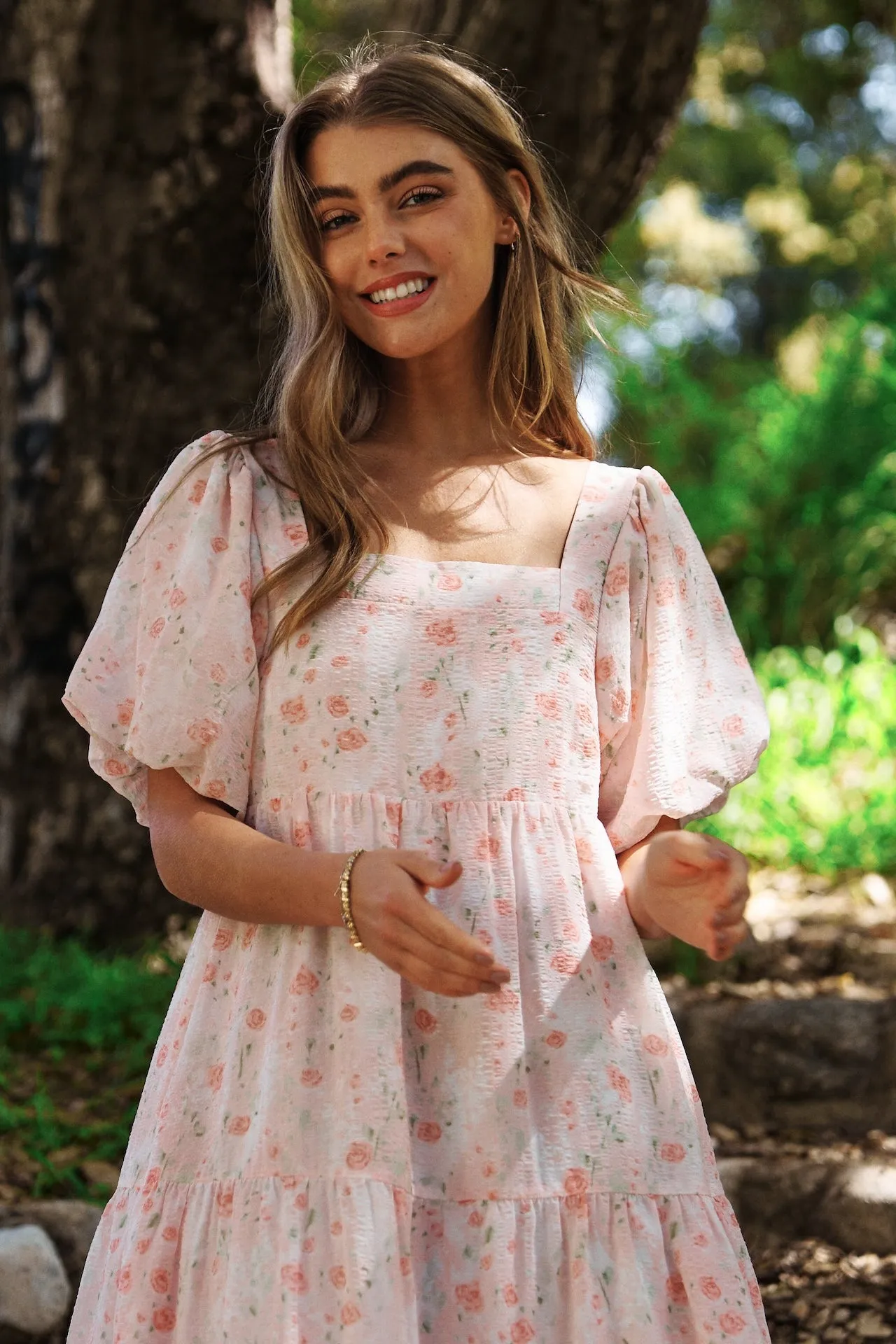 Blush Rose Puff Sleeve Midi Dress