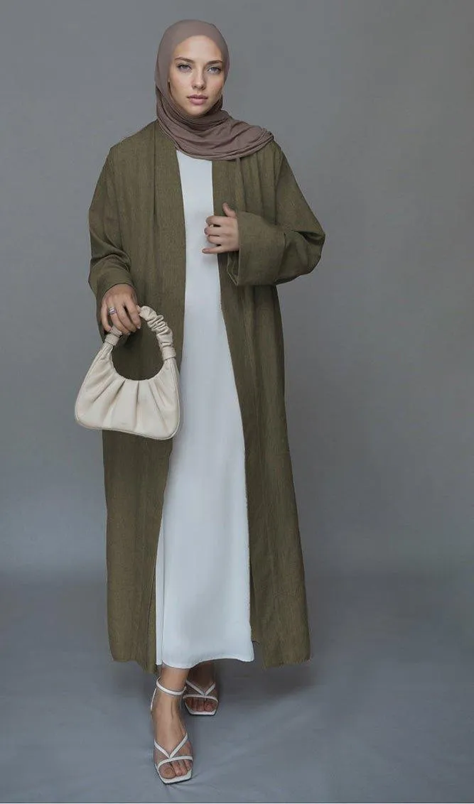 Brown Lounia maxi throw over abaya in light linen fabric with a detachable belt