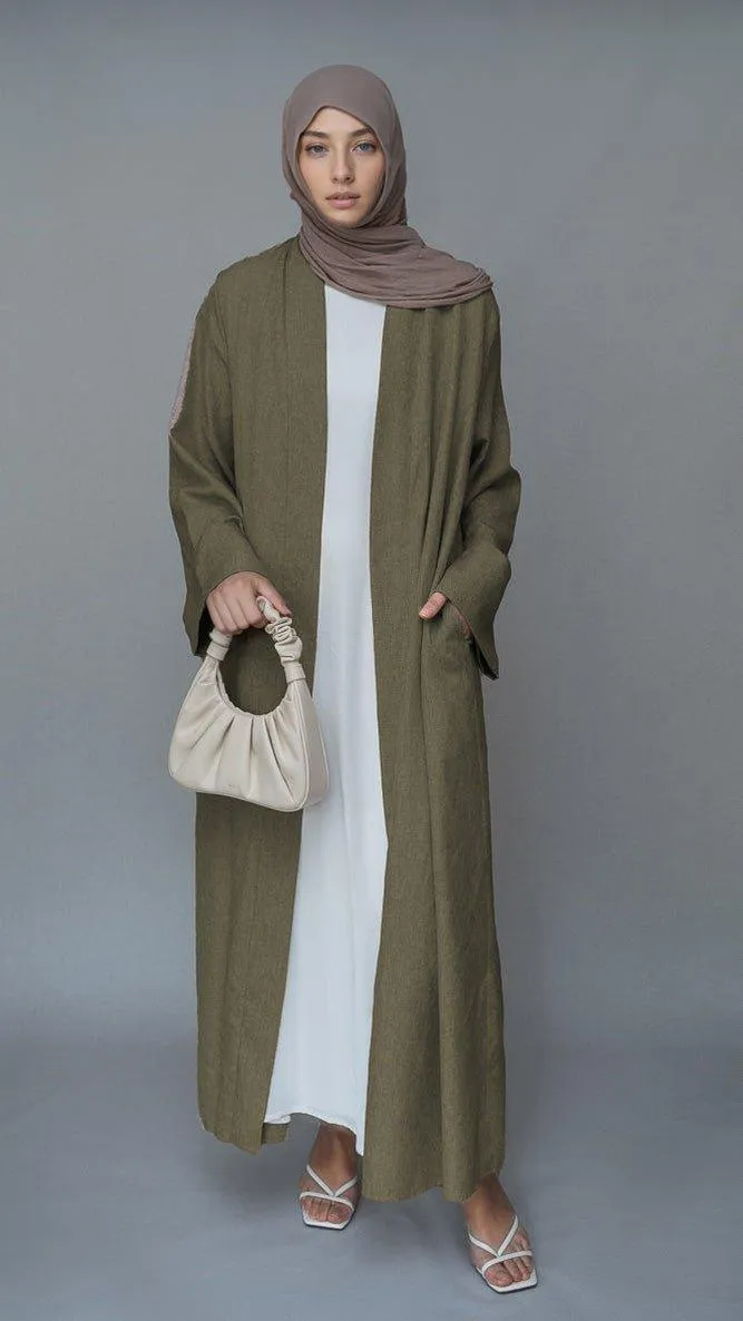 Brown Lounia maxi throw over abaya in light linen fabric with a detachable belt