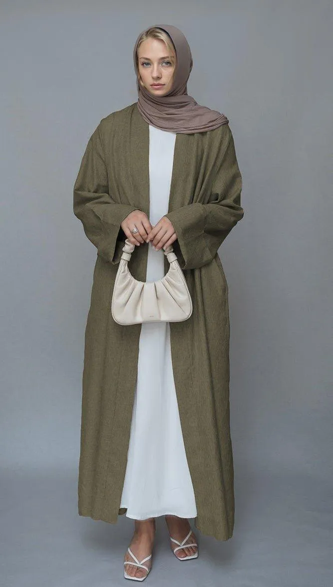 Brown Lounia maxi throw over abaya in light linen fabric with a detachable belt