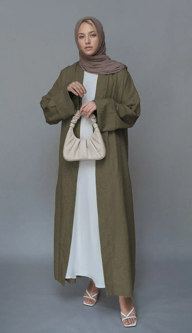 Brown Lounia maxi throw over abaya in light linen fabric with a detachable belt
