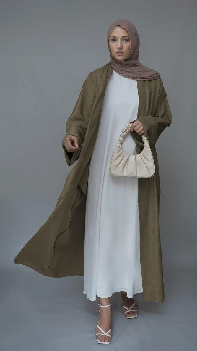 Brown Lounia maxi throw over abaya in light linen fabric with a detachable belt
