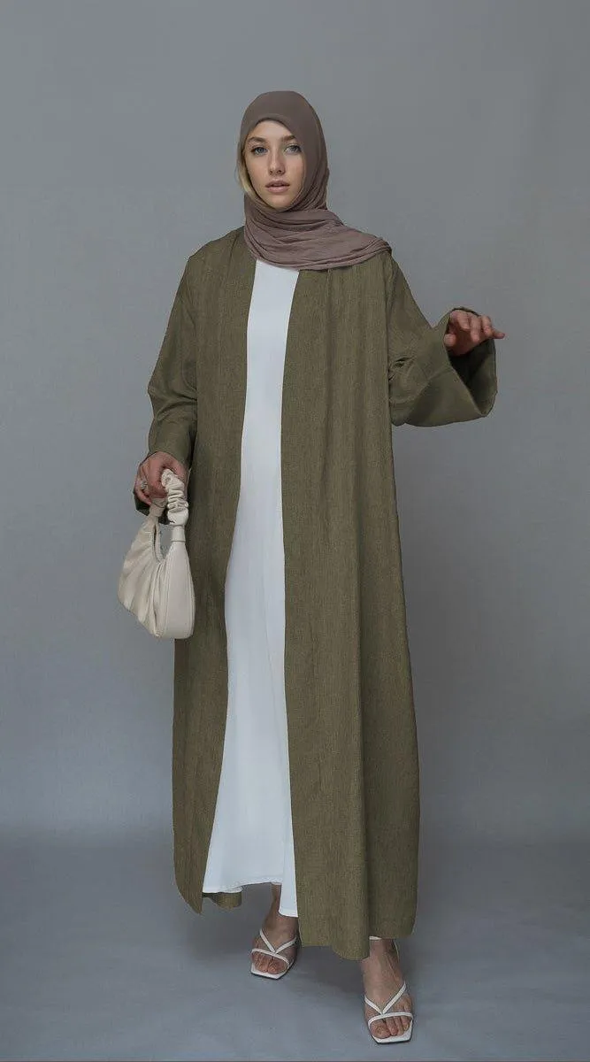 Brown Lounia maxi throw over abaya in light linen fabric with a detachable belt