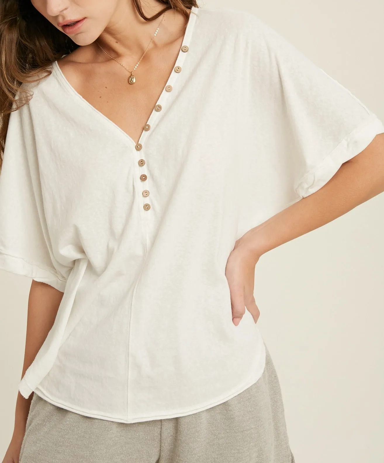button front v-neck short sleeve top - ivory