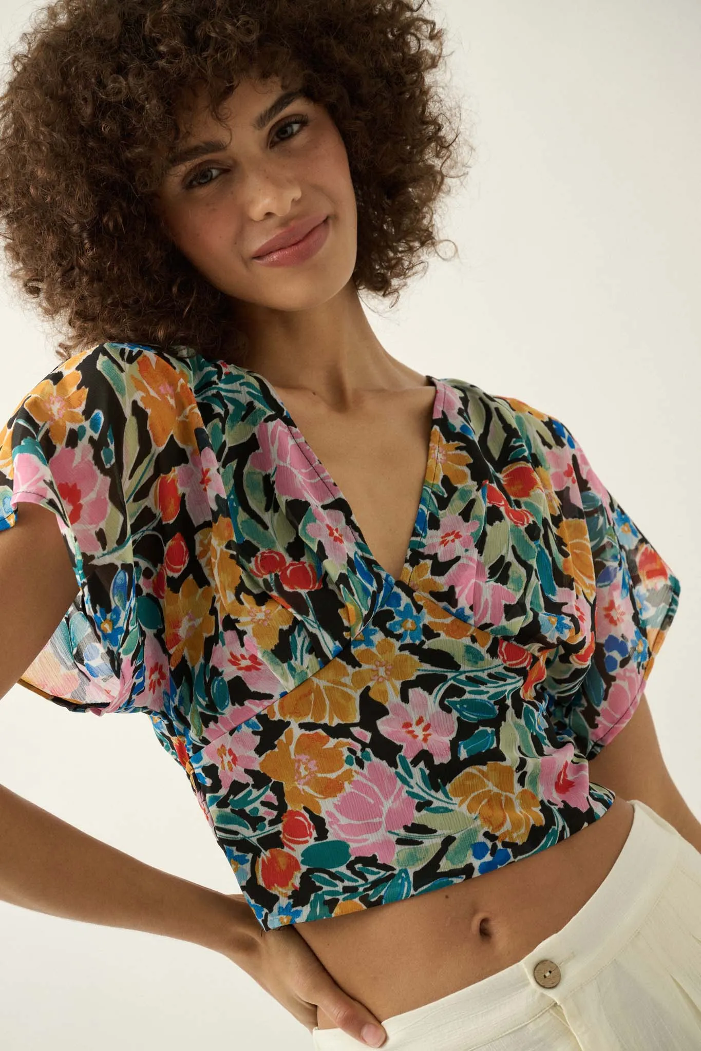 Cancun Sun Floral Chiffon Open-Back Crop Top