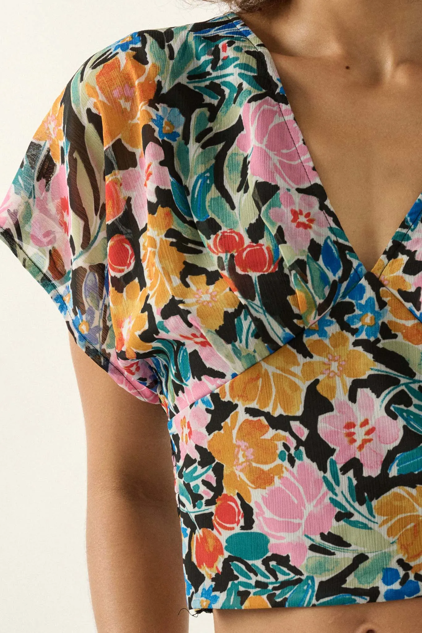 Cancun Sun Floral Chiffon Open-Back Crop Top