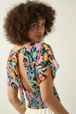 Cancun Sun Floral Chiffon Open-Back Crop Top