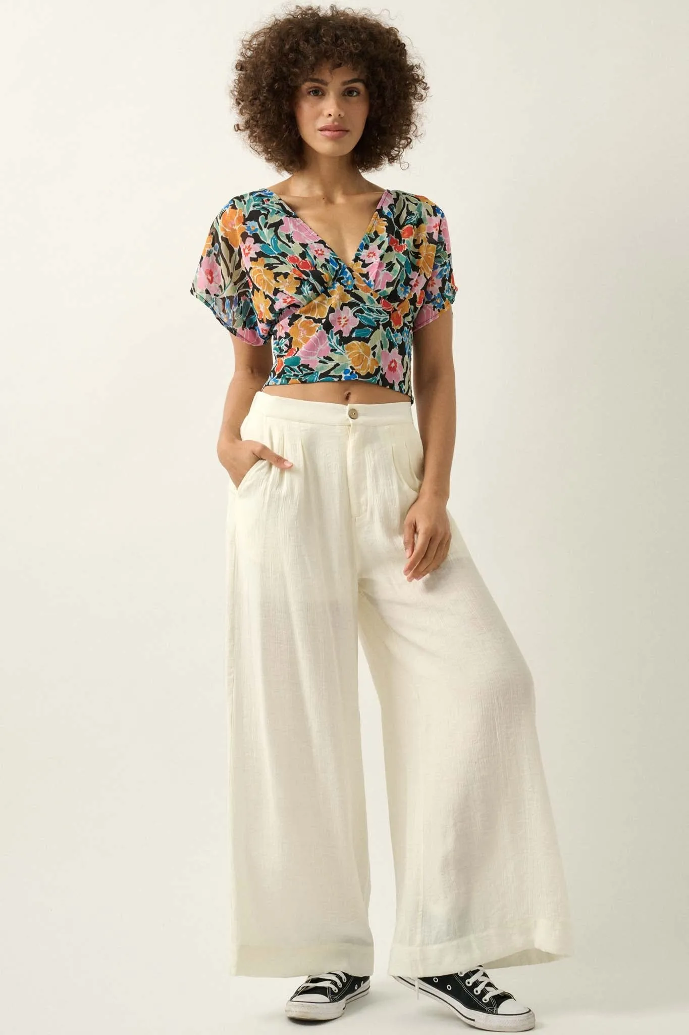 Cancun Sun Floral Chiffon Open-Back Crop Top