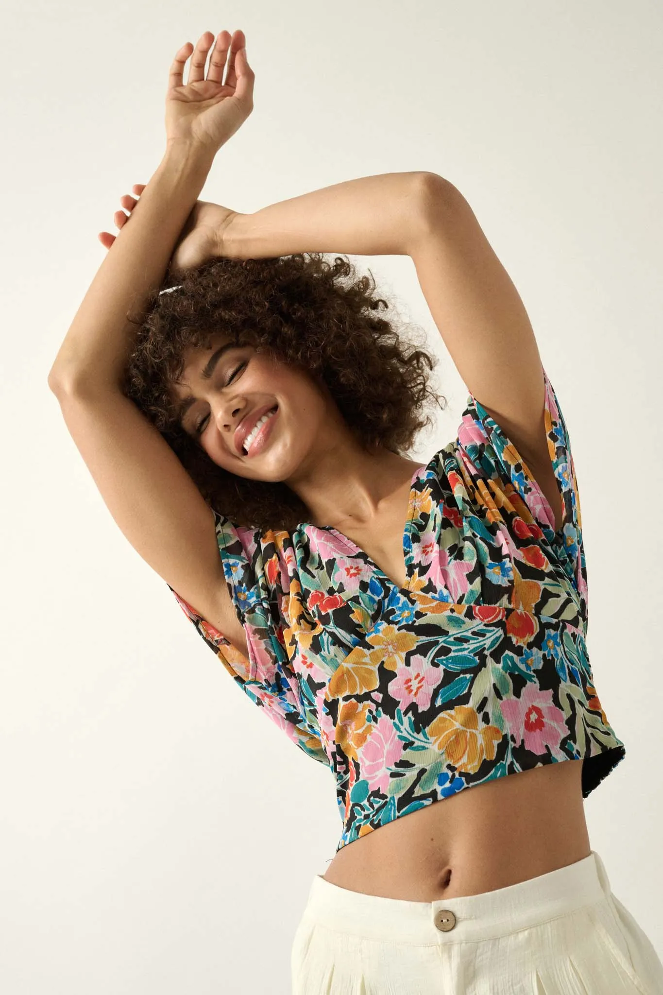 Cancun Sun Floral Chiffon Open-Back Crop Top