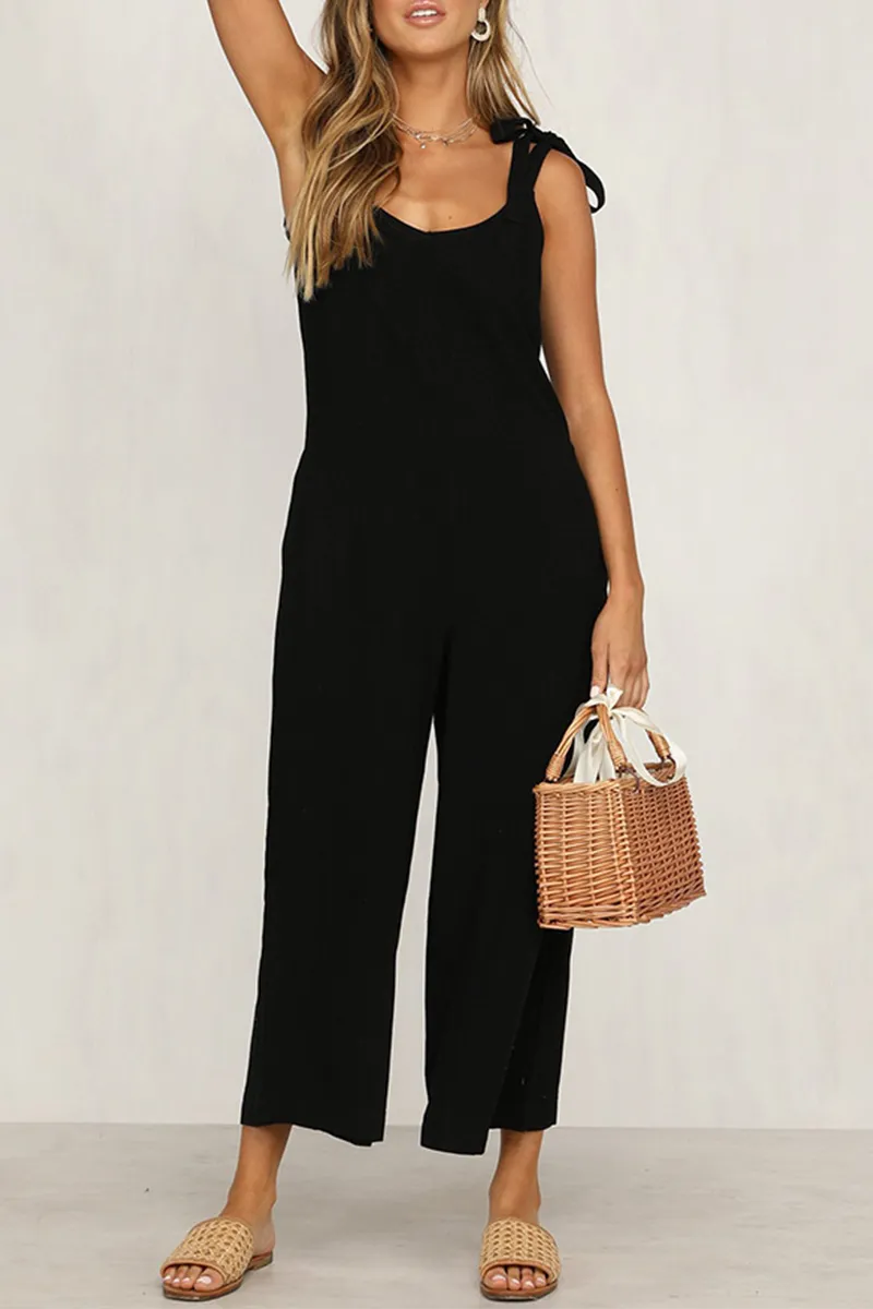 Casual Solid Capris Strap Design V Neck Loose Jumpsuits(4 Colors)