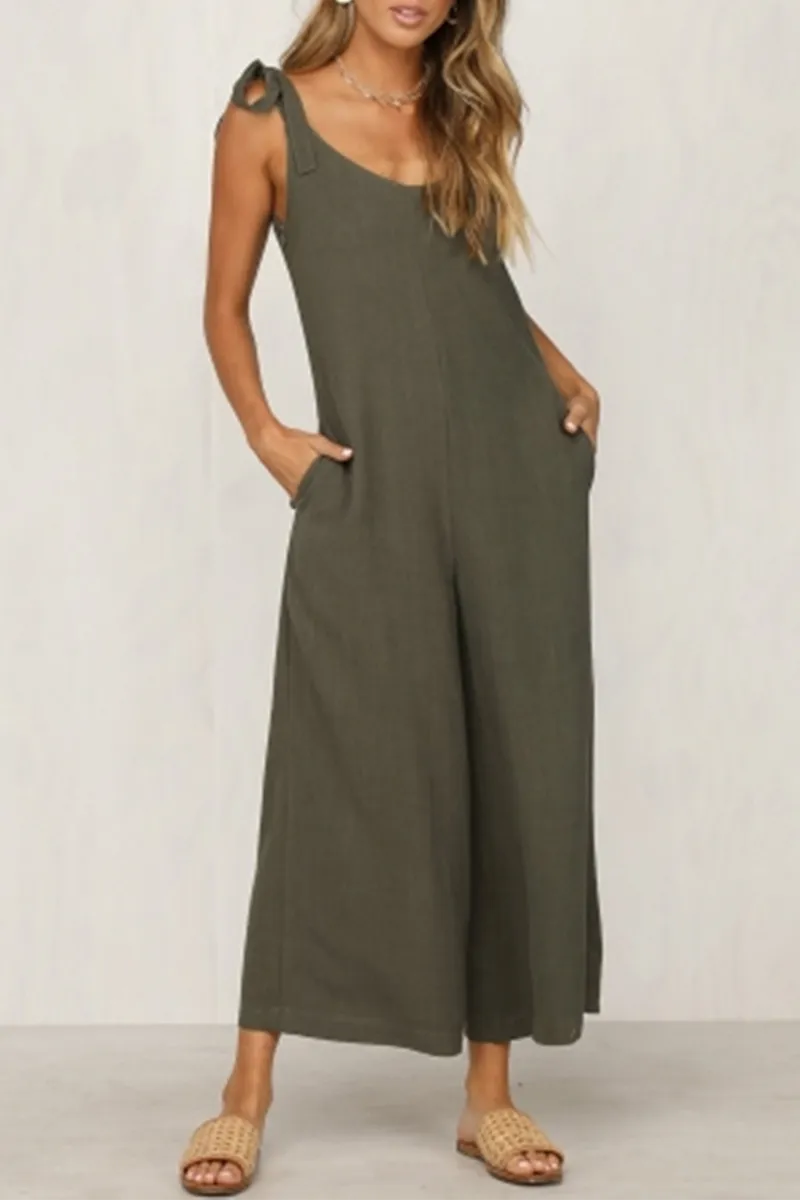 Casual Solid Capris Strap Design V Neck Loose Jumpsuits(4 Colors)