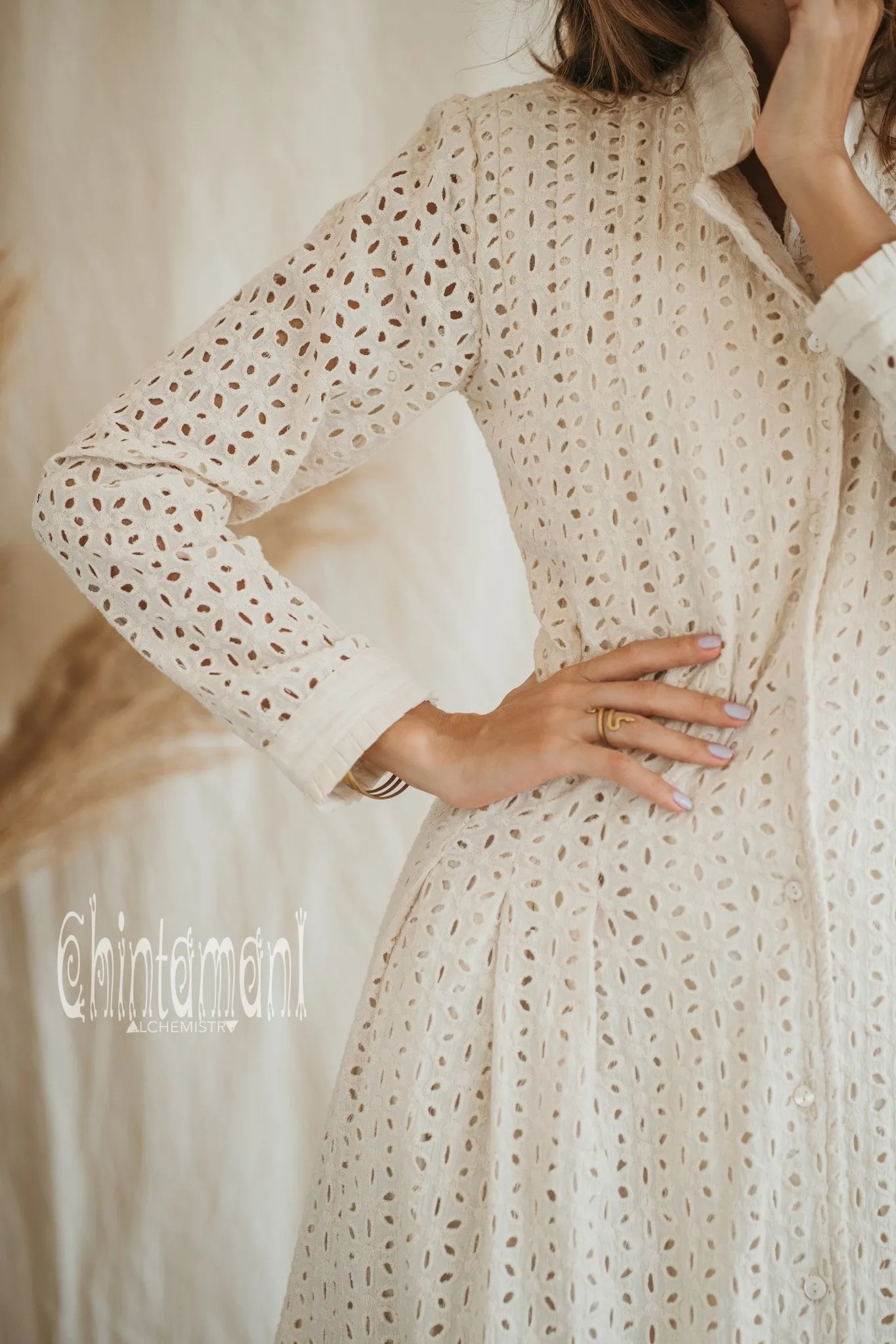 Certified Organic Cotton Midi Dress with Flower Eyelets / Off White