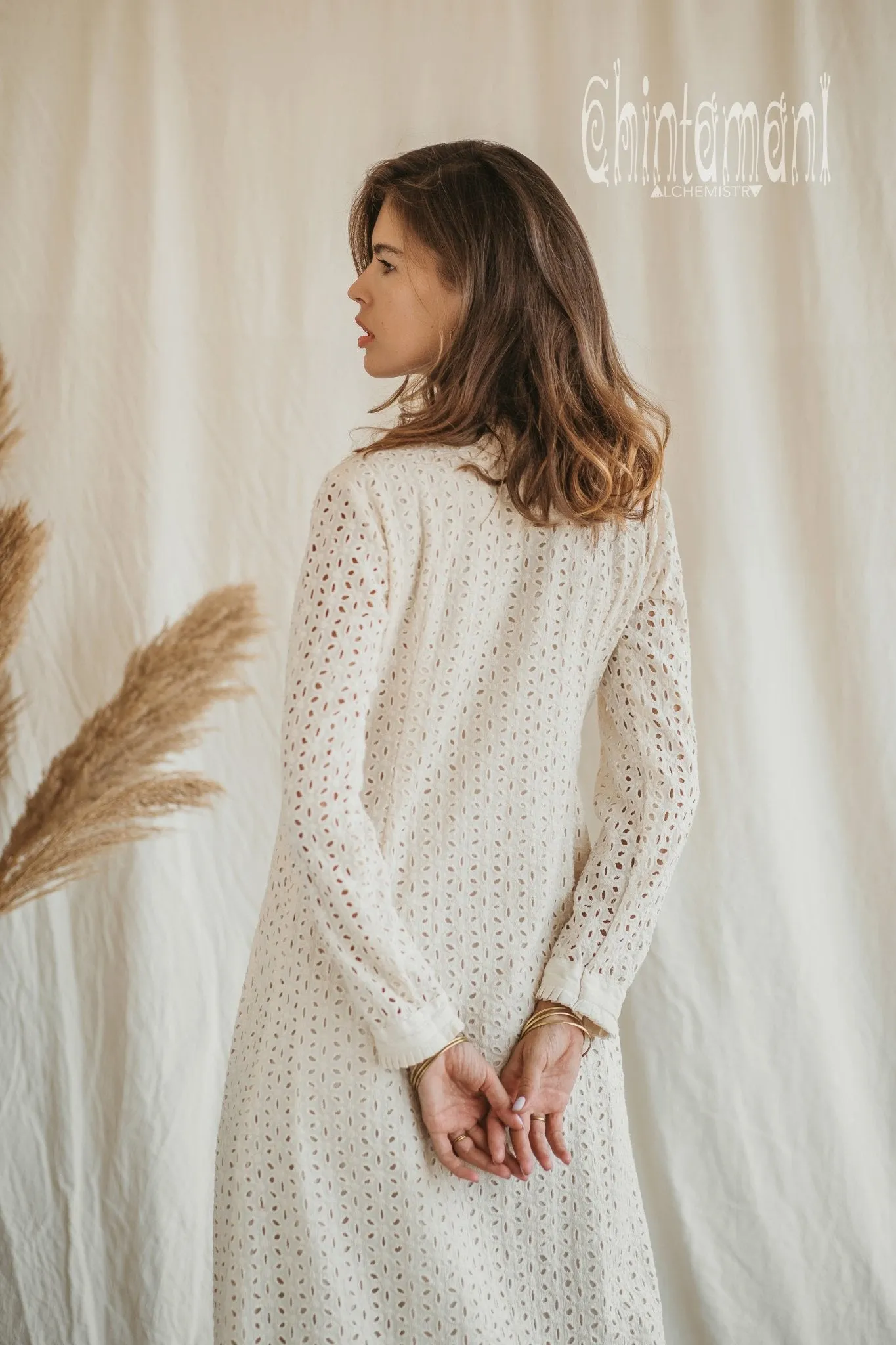 Certified Organic Cotton Midi Dress with Flower Eyelets / Off White