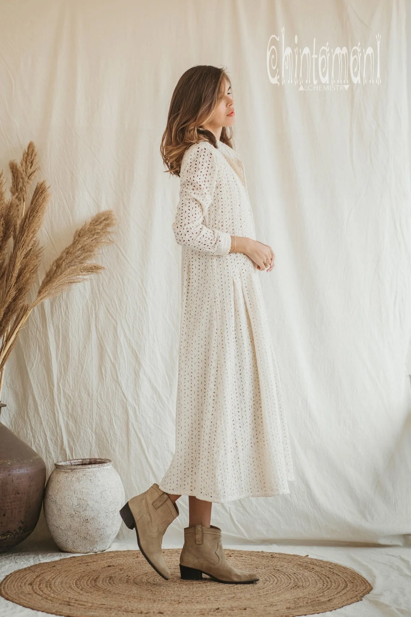 Certified Organic Cotton Midi Dress with Flower Eyelets / Off White