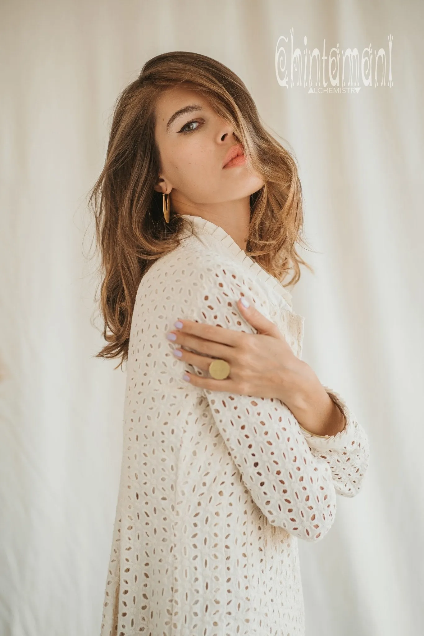 Certified Organic Cotton Midi Dress with Flower Eyelets / Off White