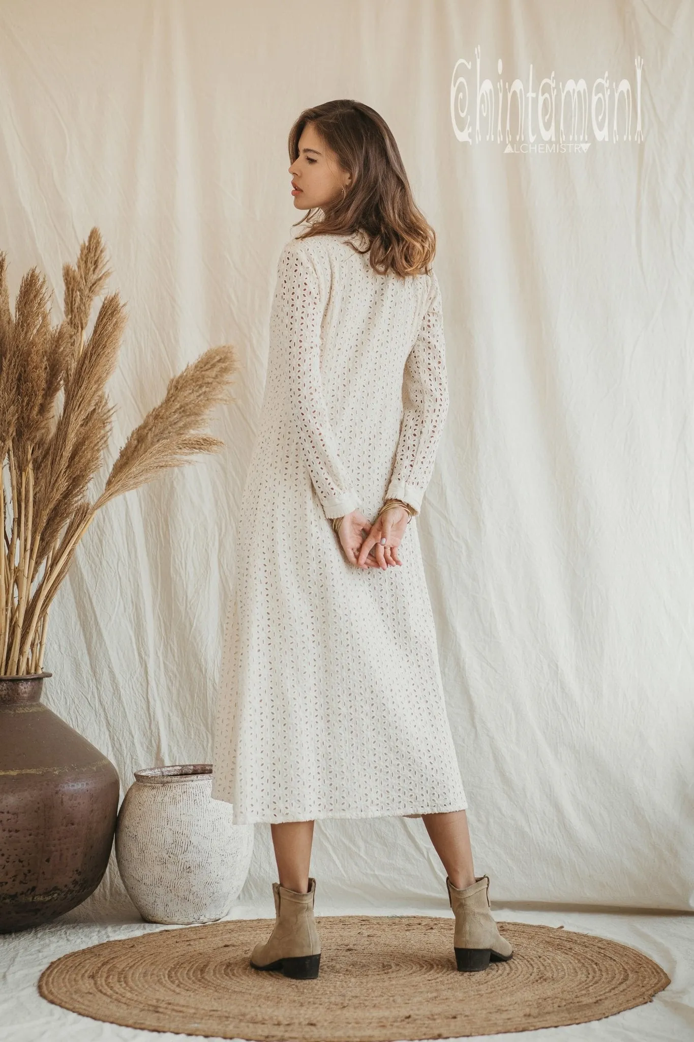 Certified Organic Cotton Midi Dress with Flower Eyelets / Off White