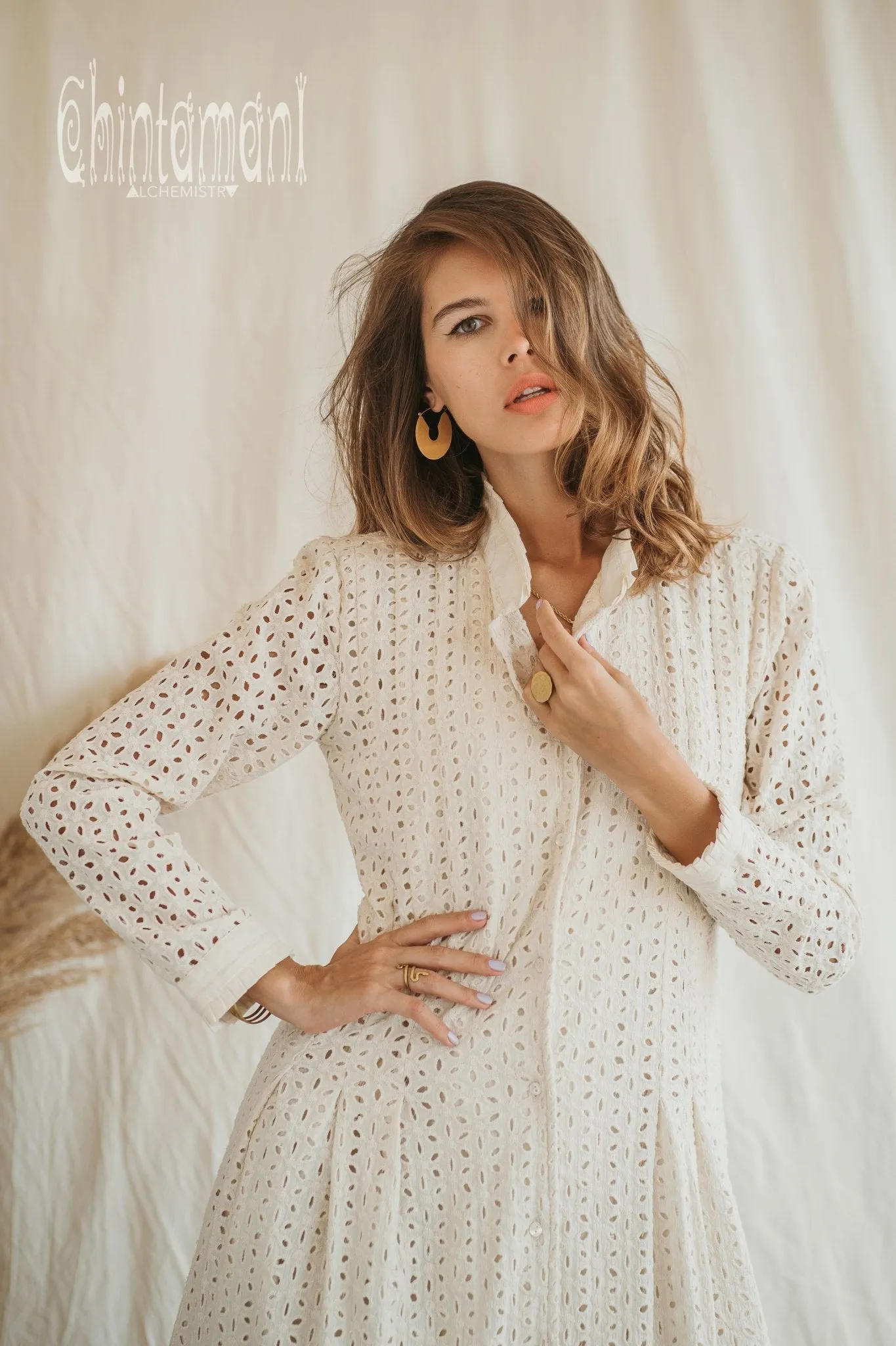 Certified Organic Cotton Midi Dress with Flower Eyelets / Off White