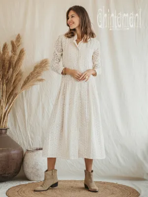Certified Organic Cotton Midi Dress with Flower Eyelets / Off White