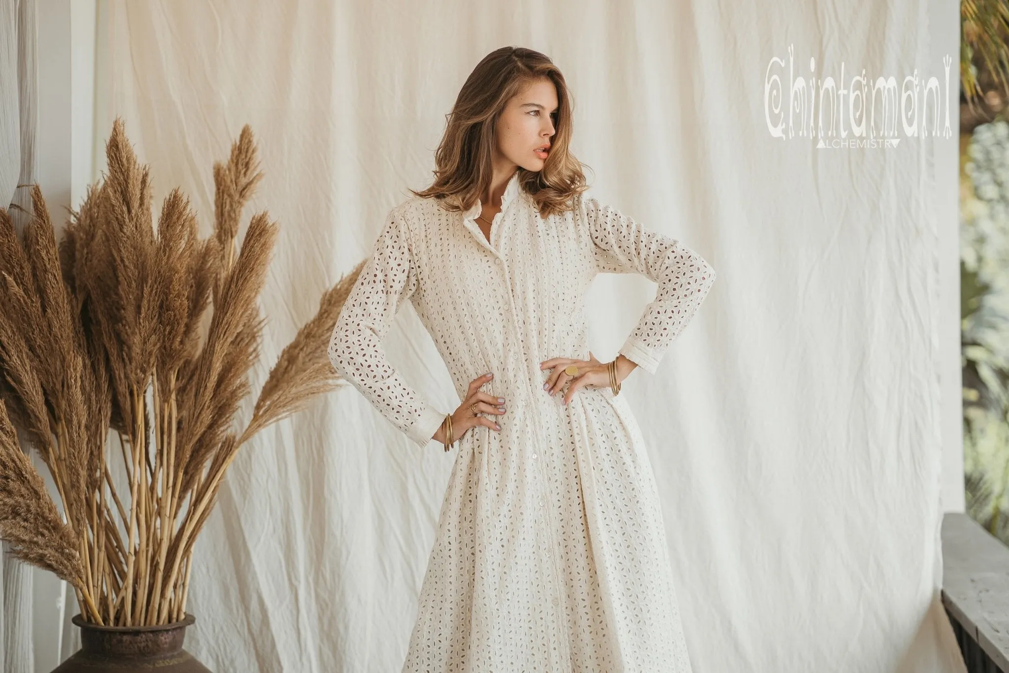 Certified Organic Cotton Midi Dress with Flower Eyelets / Off White