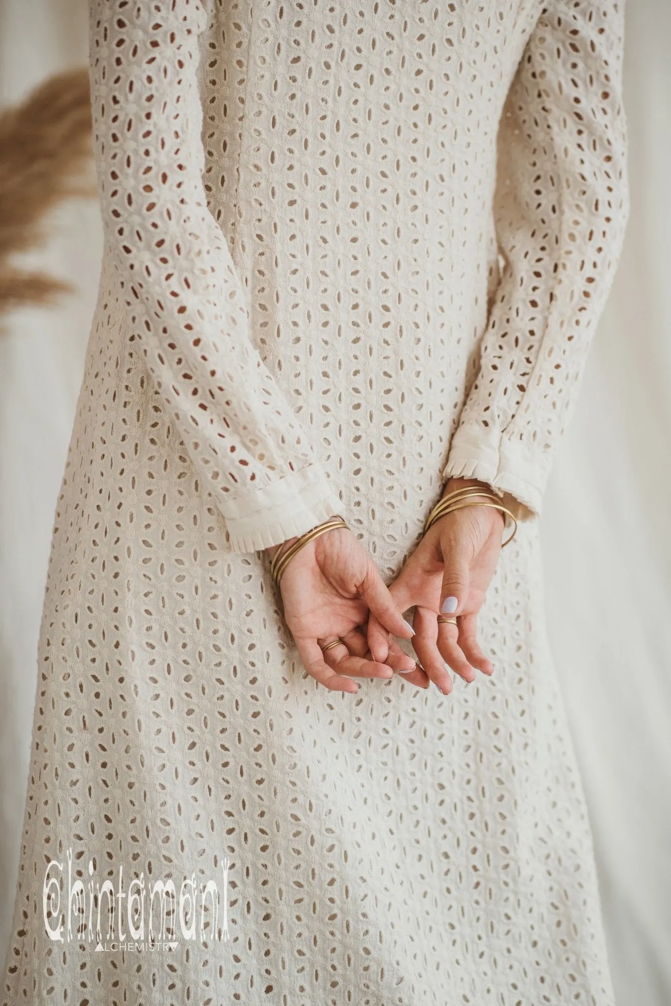 Certified Organic Cotton Midi Dress with Flower Eyelets / Off White