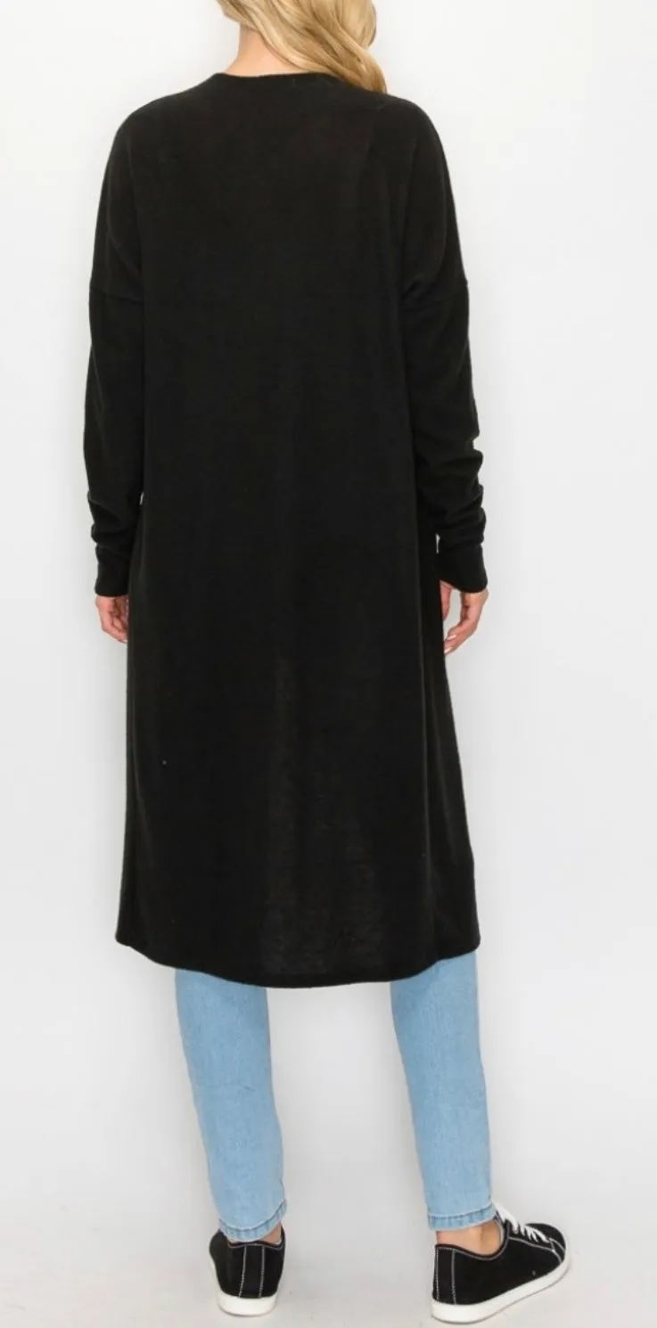 Comfy Long open front cardigan in our black comfy brushed Jersey