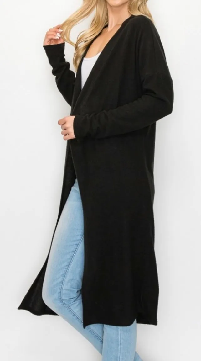 Comfy Long open front cardigan in our black comfy brushed Jersey