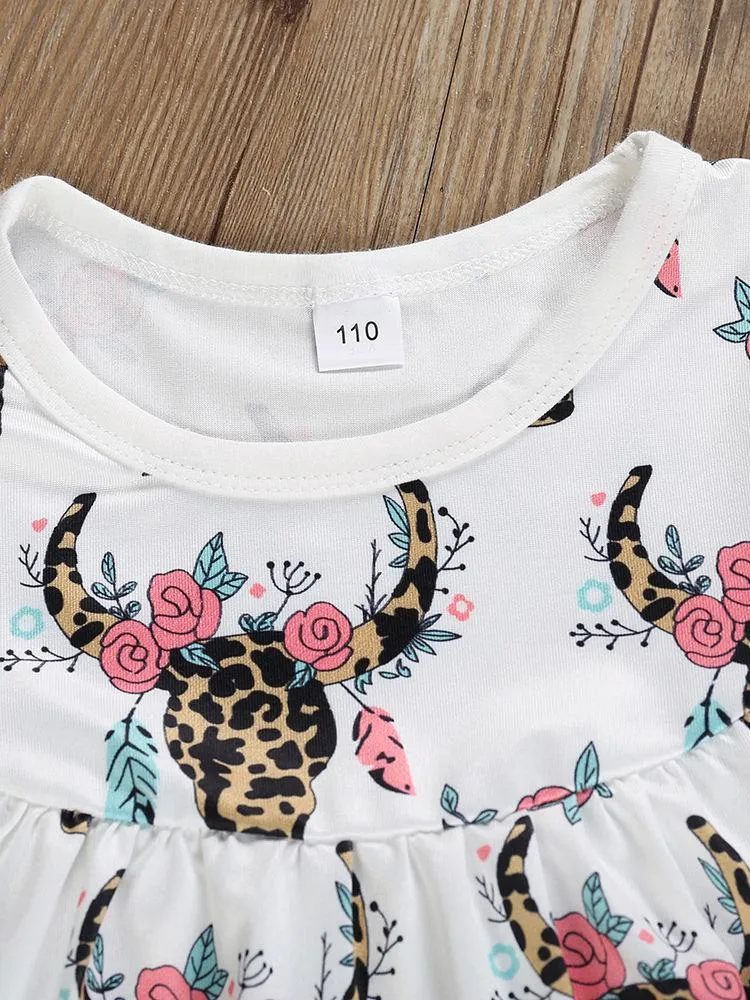 Cow Flower Pattern Toddler Little Girl Clothing 2-Piece Outfit Tunic Matching Ruffle Icing Pants