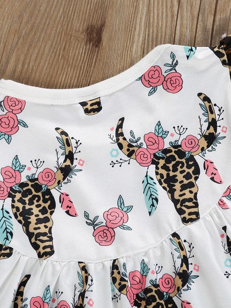 Cow Flower Pattern Toddler Little Girl Clothing 2-Piece Outfit Tunic Matching Ruffle Icing Pants