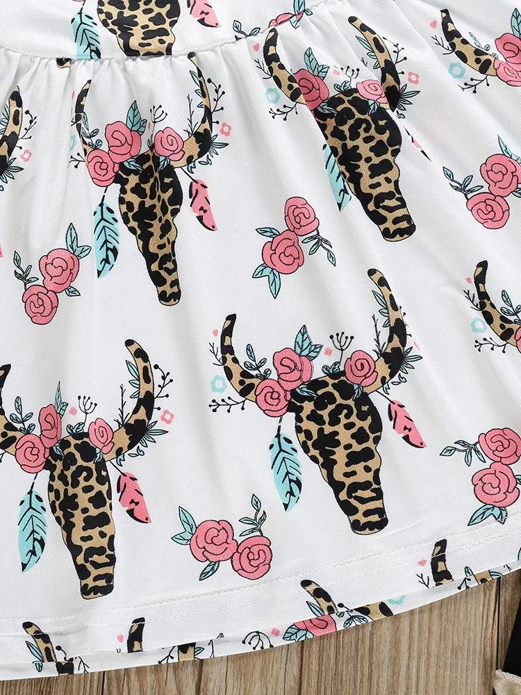 Cow Flower Pattern Toddler Little Girl Clothing 2-Piece Outfit Tunic Matching Ruffle Icing Pants
