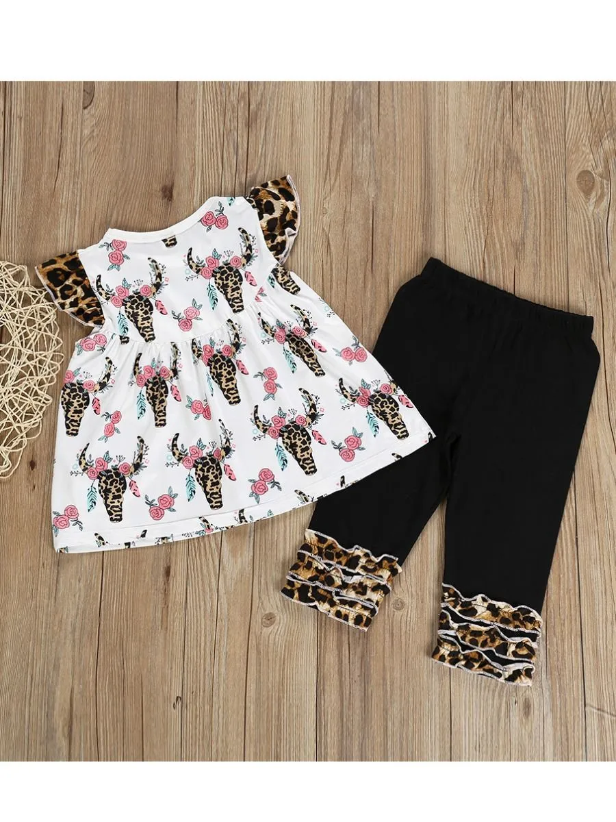 Cow Flower Pattern Toddler Little Girl Clothing 2-Piece Outfit Tunic Matching Ruffle Icing Pants