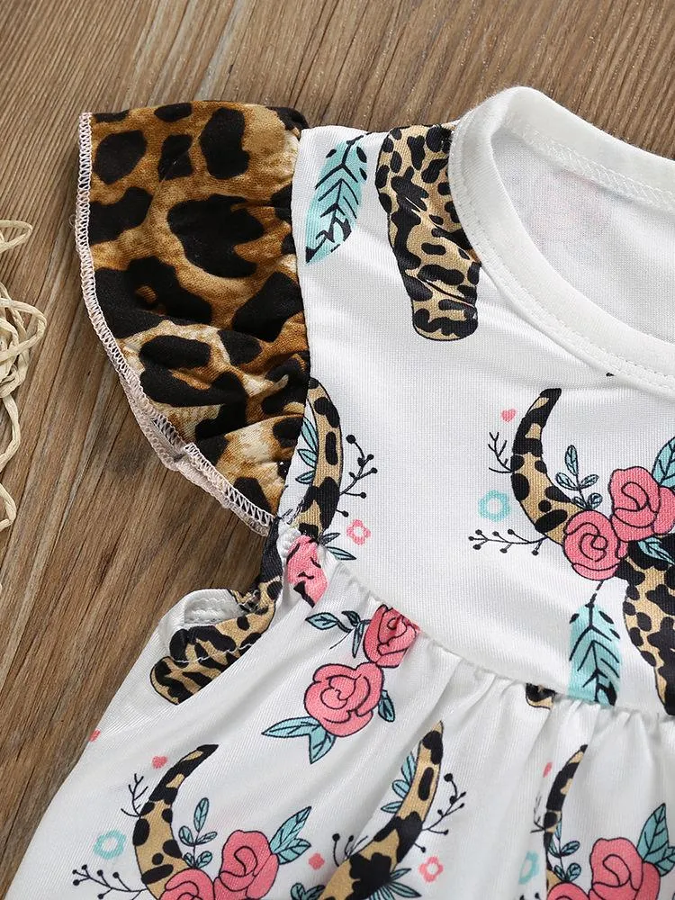 Cow Flower Pattern Toddler Little Girl Clothing 2-Piece Outfit Tunic Matching Ruffle Icing Pants