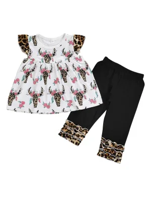 Cow Flower Pattern Toddler Little Girl Clothing 2-Piece Outfit Tunic Matching Ruffle Icing Pants