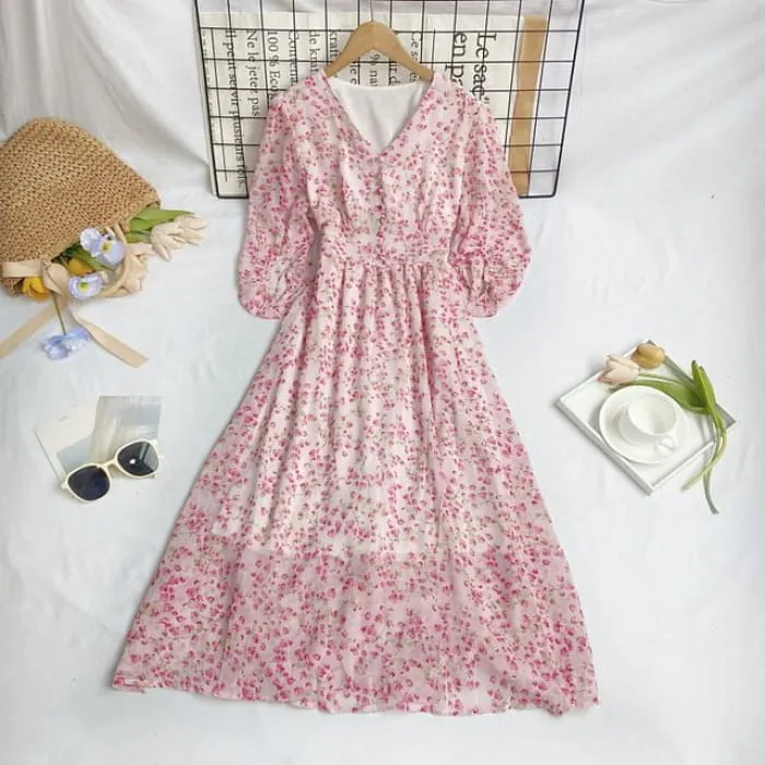 Elbow-Sleeve V-Neck Floral Print Button Midi A-Line Dress