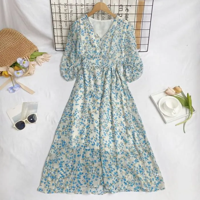 Elbow-Sleeve V-Neck Floral Print Button Midi A-Line Dress